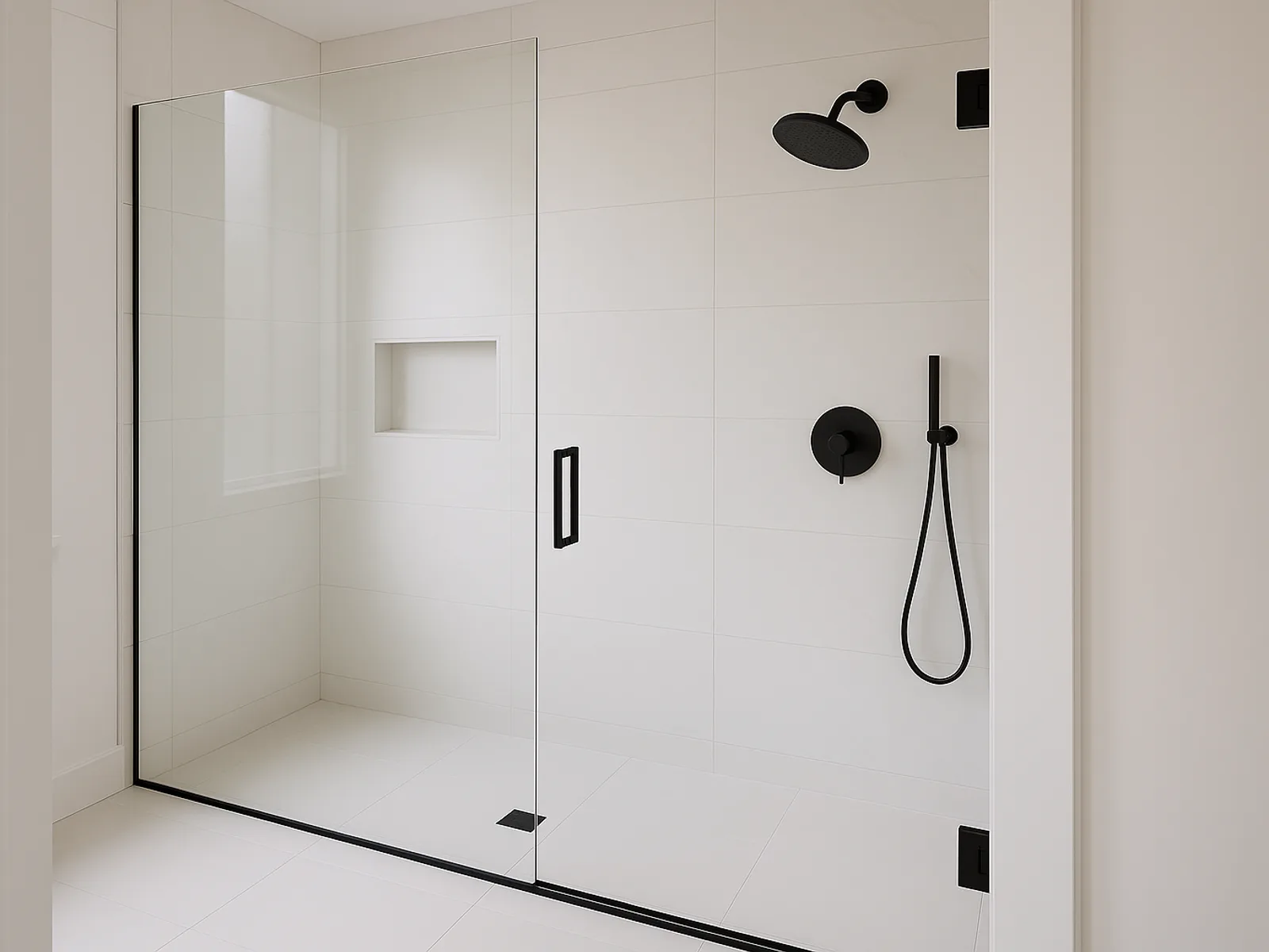 A remodeled walk-in shower in white large-format tile with a glass panel.