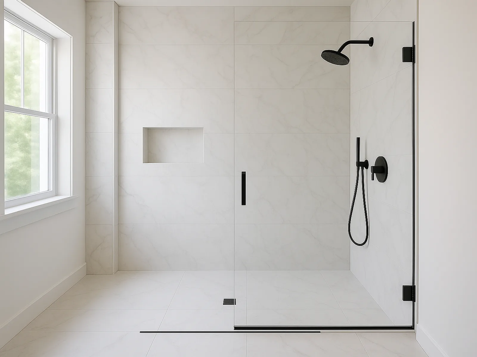 A remodeled walk-in shower in marble-look large-format tile with a frameless glass panel.