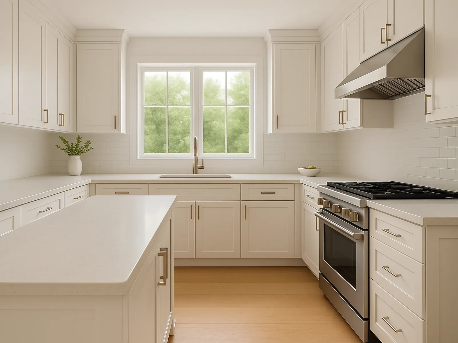 A bright remodeled kitchen with white shaker cabinets and quartz countertops.