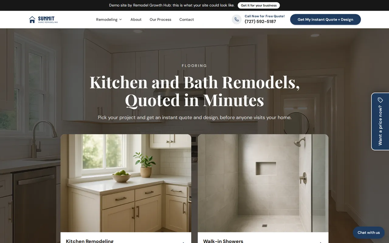 Homepage of Summit Home Remodeling's demo remodeling site: the menu with an Instant Quote button, the headline Kitchen and Bath Remodels, Quoted in Minutes, and quote buttons for kitchens and walk-in showers.
