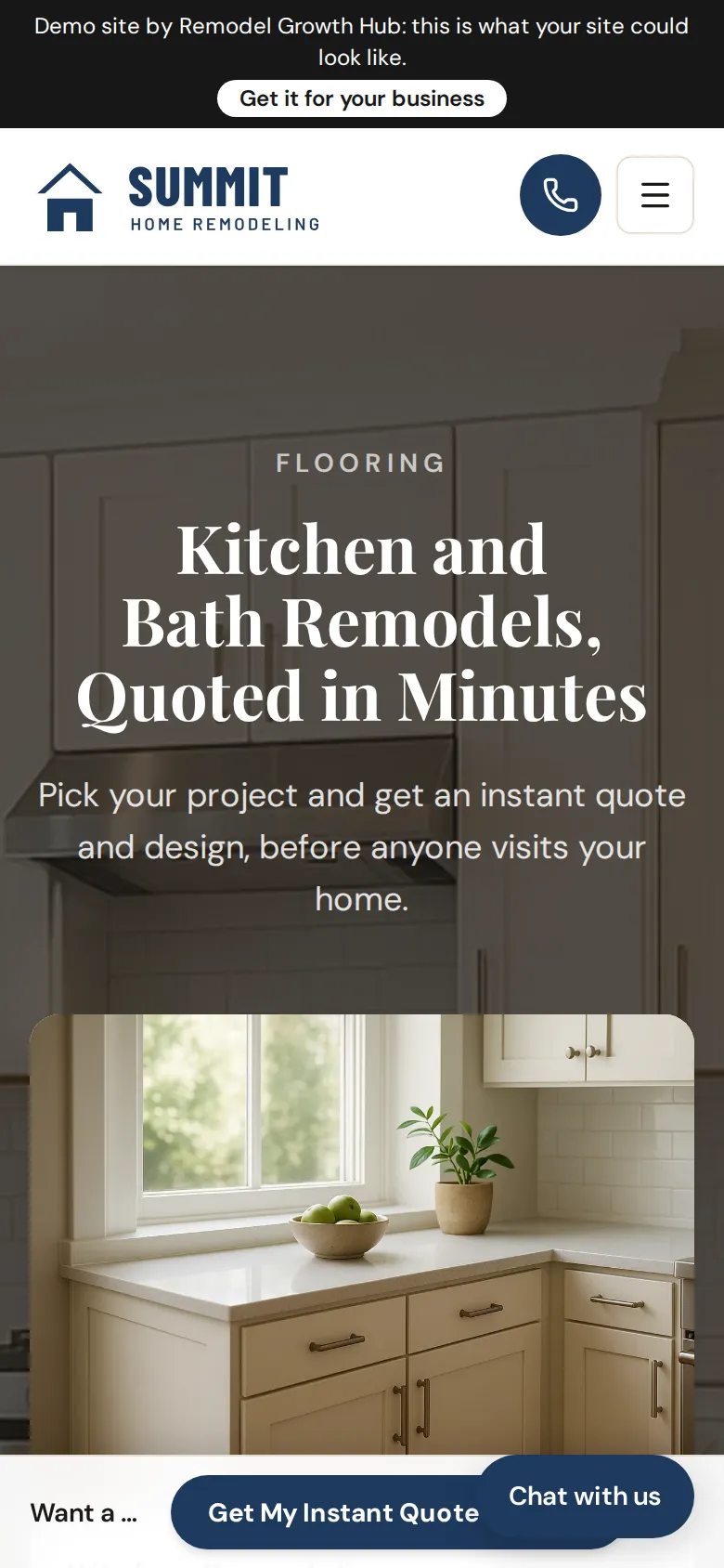 The same demo remodeling site on a phone: the headline and the kitchen and walk-in shower quote buttons.